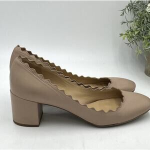 Chloe Lauren Scalloped Nude Beige Leather Block Pump Heels Sz 36/5.5 US